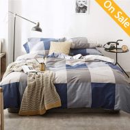 Utopia AMZTOP 【Newest Arrival】 Plaid Duvet Cover Queen Cotton Geometric Duvet Cover Full Checker Splicing Comforter Cover Navy Duvet Cover Home Bedding Collections 3 Pieces with Zipper Cl