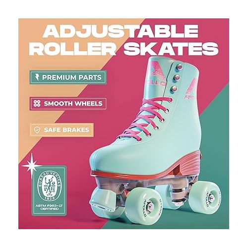  APOLLO Roller Skates Women - Retro Skates for Women and Girls - Size Adjustable Womens Quad Skates with High Heel - Rollerskates Adult Women - Disco Quads