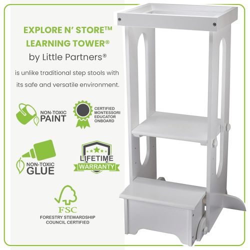  [아마존베스트]Little Partners Explore n Store Learning Tower Kids Adjustable Height Kitchen Step Stool for Toddlers or Any Little Helper (Soft White)