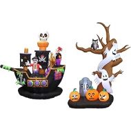 BZB Goods TWO HALLOWEEN PARTY DECORATIONS BUNDLE, Includes 9 Foot Tall Inflatable Tree with Ghosts Pumpkins Owl and Tombstone, and 7 Foot Halloween Inflatable Skeletons Ghosts on Pirate Ship