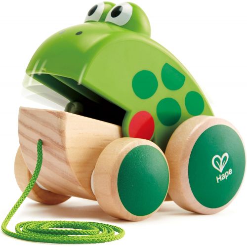  Hape Frog Pull-Along|Wooden Frog Fly Eating Pull Toddler Toy, Bright Colors