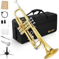Vangoa Bb Trumpet Brass Standard Gold Trumpet Instrument for Student School Band Orchestra Adult Kid Beginner with Hard Case, Stand, Cleaning Kit, White Gloves, Valve Oil and 7C Mouthpiece