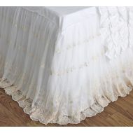 LELVA Queens House Shabby White Ivory Lace Ruffle Embroidery Bridal Bed Skirts Split Corners Coverlet Bedspreads Dust Ruffle-Queen,16 Drop