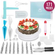 Ultimate Cake Decorating Supplies 171 Pcs by MERRI | Baking Supplies Kit | Rotating -Turntable Stand, Frosting & Piping Bags and Tips Set, Icing Spatula and Smoother, Pastry Tools