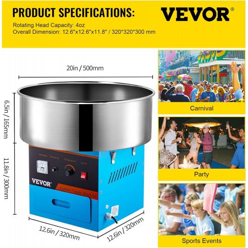  VBENLEM Commercial Cotton Candy Machine 20.5 Inch Floss Maker 1030W for Family and Various Party, Blue