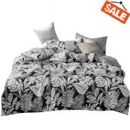 VClife Cotton Bedding Sets Queen Duvet Cover Sets Black White Reversible Stripe Bedding Collection Tropical Plant Palm Leaves Pattern Design Queen 1 Duvet Cover 2 Pillowcases for B