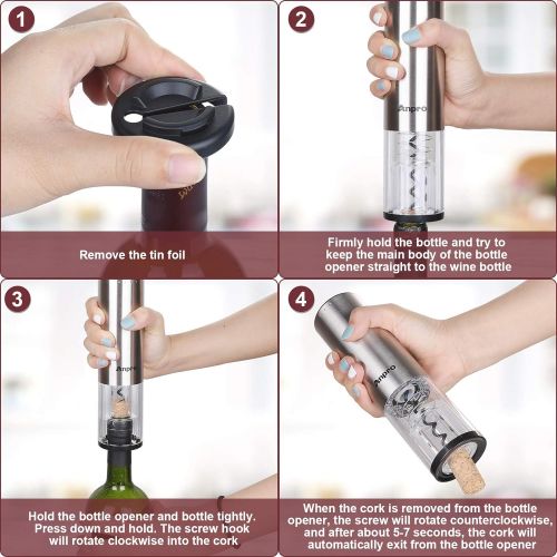  [아마존베스트]Anpro Electric Wine Opener, Automatic Electric Wine Bottle Corkscrew Opener Set with Foil Cutter, Rechargeable (Stainless Steel), USB Cable Charging (Stainless Steel-2)