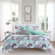 Avondale 5pc Girls Mint Grey Floral Theme Comforter Full Queen Set, Girly Flowers Pattern Solid Themed, Pretty Abstract Wild Flower Bedding, Dark Gray Seafoam Green
