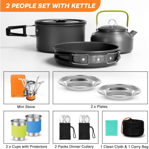 Odoland 16pcs Camping Cookware Set with Folding Camping Stove, Non-Stick Lightweight Pot Pan Kettle Set with Stainless Steel Cups Plates Forks Knives Spoons for Camping Backpacking