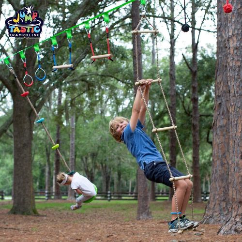  [아마존베스트]Jump Tastic Trampoline JumpTastic Ninja Warrior Obstacle Course for Kids, 50ft Ninja Slackline Include Climbing Rope, Rope Ladder, Nylon Rope Knots, Monkey Bar, Gym Rings
