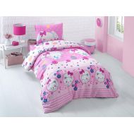 Bekata Bunny, 100% Turkish Cotton Animals Cats Kitty Themed Quilt/Duvet Cover Set, Girls Bedding Linens, Pink, Single/Twin Size, COMFORTER INCLUDED (4 Pcs)