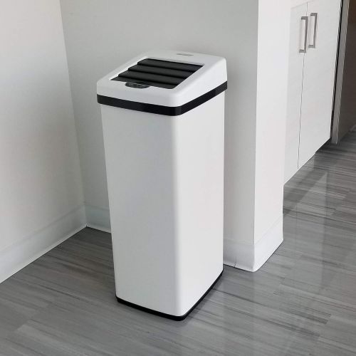  iTouchless 14 Gallon Sliding Lid Automatic Sensor Trash Can with Odor Filter System, 52 Liter White Steel Touchless Kitchen Garbage Bin