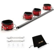 EXREIZST Expandable Spreader Bar with 4 Premium Soft Pad Leather Straps Adjustable Indoor Home Gyms Aid Training Tools Set, Black and Red