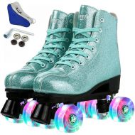 [아마존베스트]Comeon Womens Roller Skates PU Leather, Adjustable Shiny Skates, Light Up 4 Wheels Double Row Roller Skates for Girls