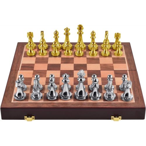  [아마존베스트]Agirlgle Metal Chess Set for Adults and Kids  Deluxe Chess Board with Chess Pieces  Travel Wooden Chess Set with Metal Pieces  Folding Chessboard  Ideal for Beginners and Profe