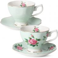 [아마존베스트]Brew To A Tea BTaT- Floral Tea Cups and Saucers, Set of 2 (Green - 8 oz) with Gold Trim and Gift Box, Coffee Cups, Floral Tea Cup Set, British Tea Cups, Porcelain Tea Set, Tea Sets for Women, La