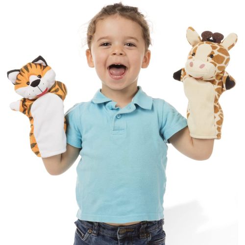  Melissa & Doug Zoo Friends Hand Puppets (Set of 4) - Frustration Free Packaging - Elephant, Giraffe, Tiger, and Monkey, Multicolor