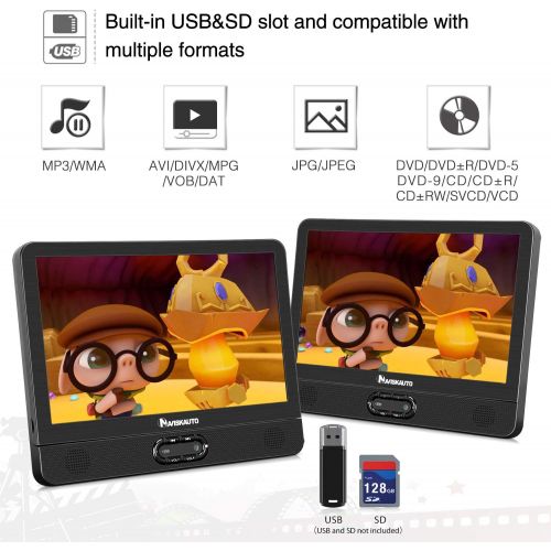  [아마존베스트]NAVISKAUTO 12 Portable Dual Screen DVD Player for Car with Built-in Rechargeable Battery and Last Memory, Supports USB/SD Card Playback