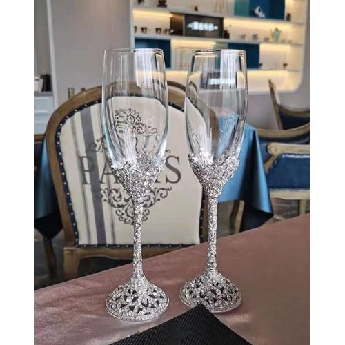  Champagne Flutes - Crystal Glass Metal Base With Crystal Stones, Set of 2 Toasting Flute Pair, Wedding Anniversary Party Birthday Banquets and Gifts for Bride and Groom7oz