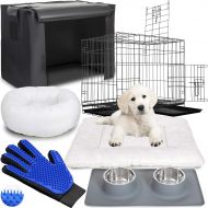 Deco Gear Deco Pet Essential Pet Supplies Bundle- Indoor Pet Kennel Metal Folding Crate, Indoor/Outdoor Cover & Pad, Orthopedic Bolster Bed with Washable Cover, Pet Grooming Glove & Stainles