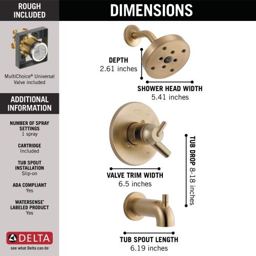  Delta Faucet Trinsic 17 Series Dual-Function Tub and Shower Trim Kit with Single-Spray H2Okinetic Shower Head, Champagne Bronze T17459-CZ (Valve Included)