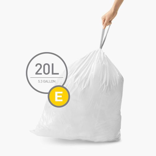 심플휴먼 simplehuman Code E Custom Fit Drawstring Trash Bags in Dispenser Packs, 20 Liter / 5.3 Gallon, White ? 60 Liners