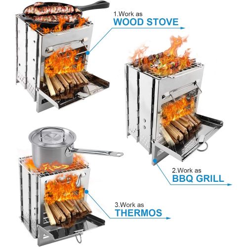  WADEO Wood Burning Camp Stove, Stainless Steel Folding Camp Stove, Portable Backpacking Wood Stove for Outdoor Cooking, Picnic and BBQ