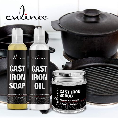  Culina Supreme Cast Iron Care Set: Restoring Scrub, Cleaning Soap & Conditioning Oil Best for Cleaning Care, Washing & Restoring 100% Plant-Based for Cast Iron Cookware, Skillets,