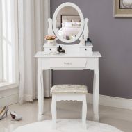 Generic HONBAY Makeup Vanity Table Set, Cushioned Stool and Surprise Gift Makeup Organizer with Oval Mirror, 3 Drawers Dressing Table White (White)