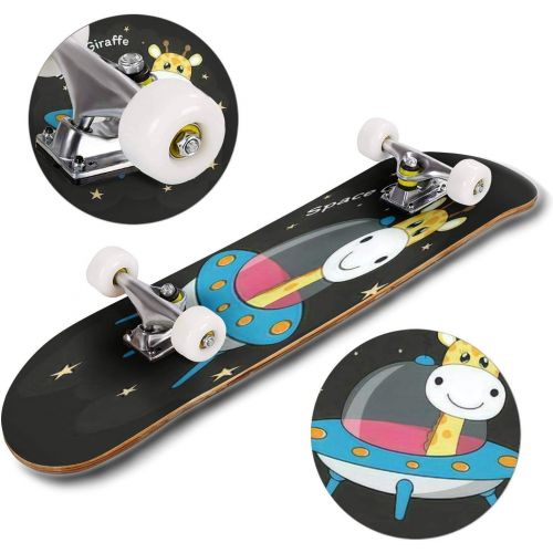  Mulluspa Classic Concave Skateboard Cute Giraffe Astronaut in a Mysterious Object UFO in The Sky Night Longboard Maple Deck Extreme Sports and Outdoors Double Kick Trick for Beginners and P
