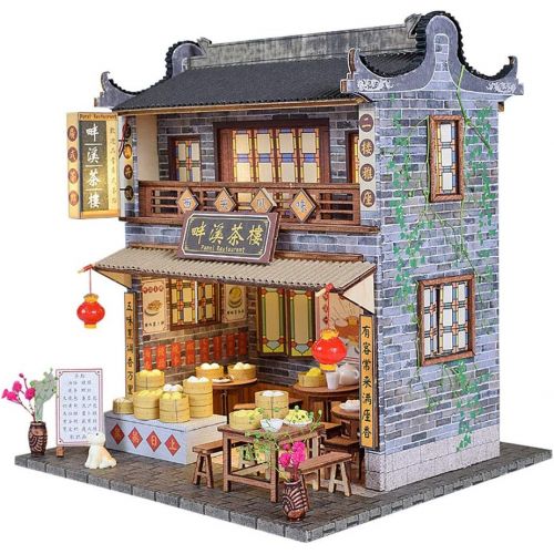  WYD DIY Chinese DIY Doll House Ancient Architecture Handmade Mini Wooden House Miniature Dollhouse Furniture Set Children Toys New Year Birthday Wedding Gift (Panxi Tea House)