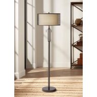 Turnbuckle Modern Industrial Floor Lamp Bronze Metal Screen and Off White Linen Double Drum Shades for Living Room Office - Franklin Iron Works