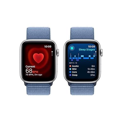 애플 Apple Watch SE (2nd Gen) [GPS 44mm] Smartwatch with Silver Aluminum Case with Winter Blue Sport Loop. Fitness & Sleep Tracker, Crash Detection, Heart Rate Monitor, Carbon Neutral