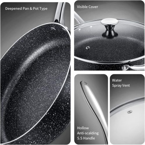  N++A Saute Pan 11-inch, Nonstick Deep Frying Pan with Lid 5 Qt, Stone-Derived Coating Skillet, Induction Compatible, Black