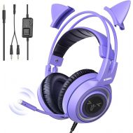 SOMIC G951S Purple Stereo Gaming Headset with Mic for PS4, PS5, Xbox One, PC, Phone, Detachable Cat Ear 3.5MM Noise Reduction Headphones Computer Gaming Headphone Self-Adjusting Ga