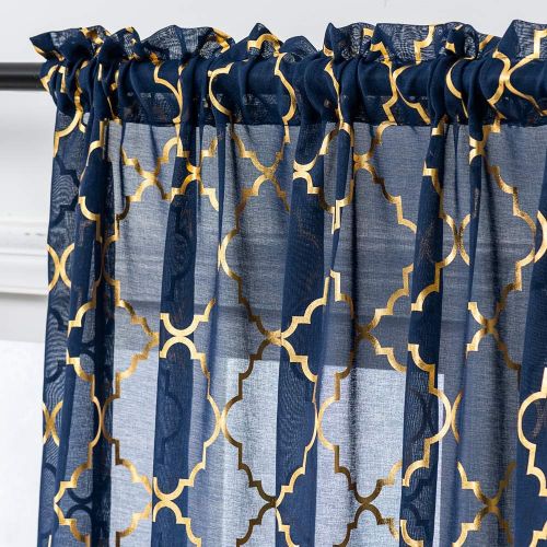  [아마존베스트]YJ YANJUN Navy Blue Sheer Curtains 63 inch Moroccan Trellis Pattern Foil Voile Window Treatment