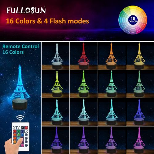  [아마존베스트]FULLOSUN Eiffel Tower Nightlight 3D Illusion Lamp Visual Bedroom Decoration LED Lamp with Remote Control 16 Color Changing Paris Fashion Style Acrylic Gifts for Birthday Xmas