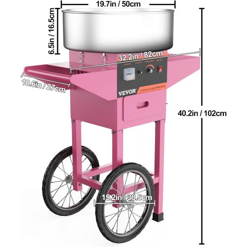 VBENLEM Cotton Candy Machine with Cart Commercial Floss Maker for Family and Various Party, 19.7 Inch, Pink