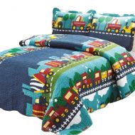 Abreeze Kids Bedding Set Boys Train Quilt Bedspread Set, Plaid Train Patchwork Pattern, Queen Size