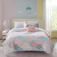 Comforter 5 Piece Girls Pastel Color Cloud Themed Coverlet Full Queen Set, Baby Blue Aqua Light Pink White Grey Sky Clouds Bedding, Playful Fun Polka Dot Heart Love Swirl Dots Pattern, Cotto