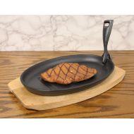 Ebros Gift Ebros Personal Size 10.5 By 7 Enamel Coated Cast Iron Sizzling Fajita Skillet Ridged Japanese Steak Plate With Handle and Wood Base For Restaurant Home Kitchen Cooking Pan Grilling