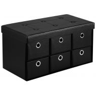 Ollieroo PU Leather Foldable Ottoman Storage Bench Foot Rest Space Saver with 6 Drawers (Black)