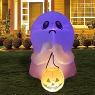 GOOSH 4 FT Halloween Inflatable Outdoor Colorful Dimming Ghost Holding Pumpkin, Blow Up Yard Decoration Clearance with LED Lights Built-in for Holiday/Party/Yard/Garden
