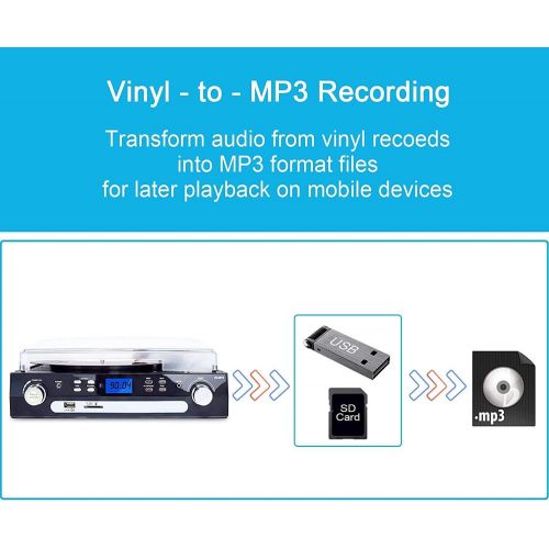  [아마존베스트]DIGITNOW Bluetooth Record Player with Stereo Speakers, Turntable for Vinyl to MP3 with Cassette Play, AM/FM Radio, Remote Control, USB/SD Encoding, 3.5mm Music Output Jack