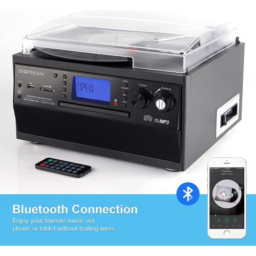  DIGITNOW Bluetooth Record Player Turntable with Stereo Speaker, LP Vinyl to MP3 Converter with CD, Cassette, Radio, Aux in and USB/SD Encoding, Remote Control, Audio Music Player B