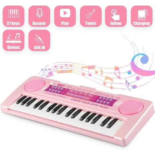  [아마존베스트]aPerfectLife Charging Kids Keyboard Piano, 37 Keys Multi-Function Electronic Educational Toy Organ for Kids Toddlers Children with Microphone (Pink)