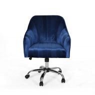 Great Deal Furniture Cassandra Glam Velvet Home Office Chair with Swivel Base, Navy Blue and Silver Finish