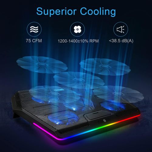  [아마존베스트]TECKNET RGB Laptop Cooling Pad Cooler for 15.6-17 Inch Laptop with 5 Quiet Fans and Touch Control, 2 USB Port