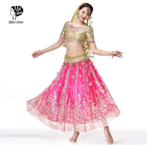  MISI CHAO Belly Dance Bollywood Costume - Sari Noble Indian Dance Outfit Halloween Costumes with Head Veil for Women
