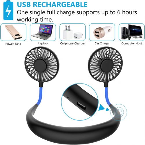  [아마존베스트]GULAKI Hands Free Portable Neck Fan - Rechargeable Mini USB Personal Fan Battery Operated with 3 Level Air Flow, 7 LED Lights for Home Office Travel Indoor Outdoor (Black+Blue)